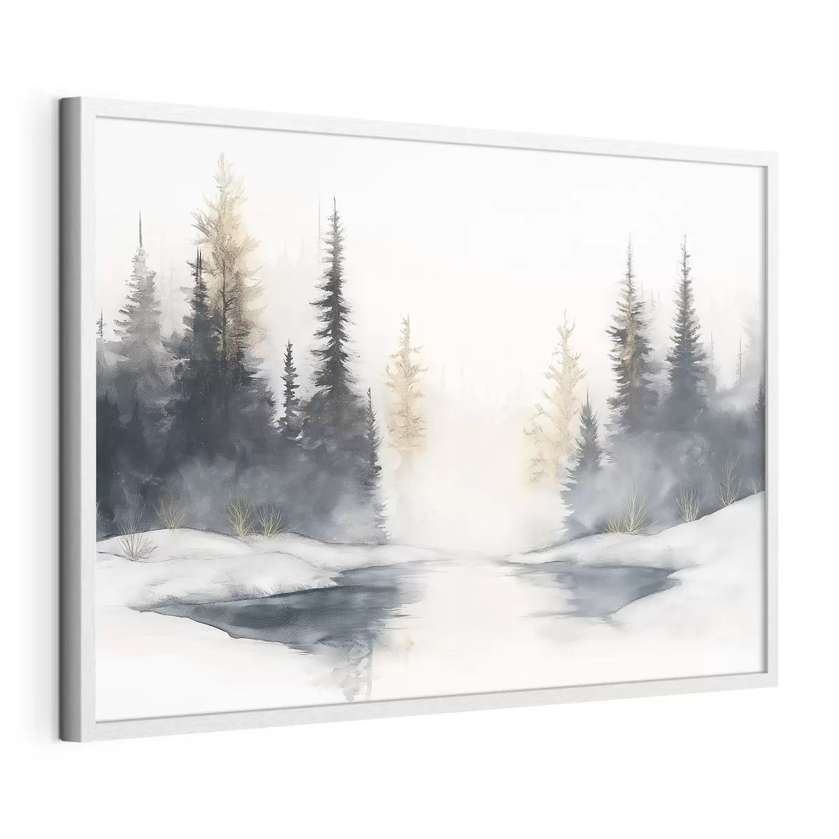 Poster Paesaggio invernale con fiume e pini, natura, foresta, nebbia f42374