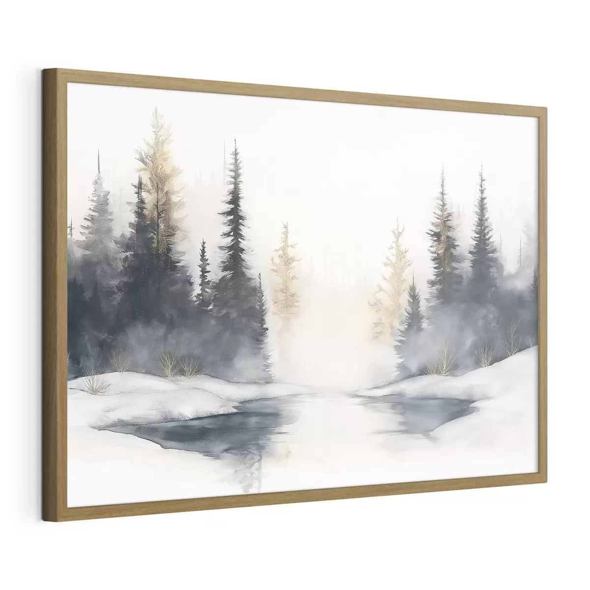 Poster Paesaggio invernale con fiume e pini, natura, foresta, nebbia f42374