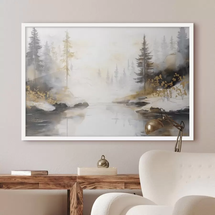 carta da parati Paesaggio naturale con fiume, foresta e pini, colori pastello tenui nr. f42375