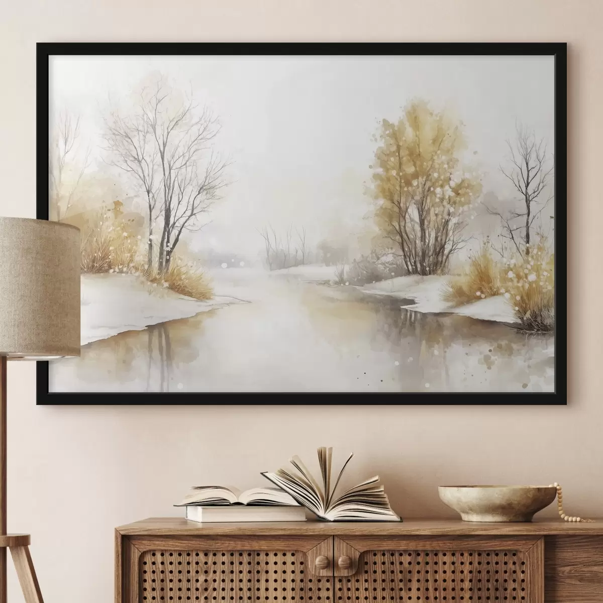Poster Paesaggio invernale, fiume e alberi, stile acquerello, colori beige f42376