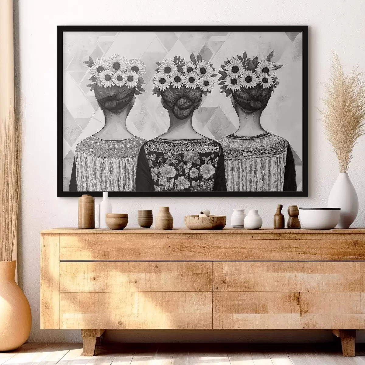 Poster Tre donne in abiti etnici, disegno a matita, girasoli f42377