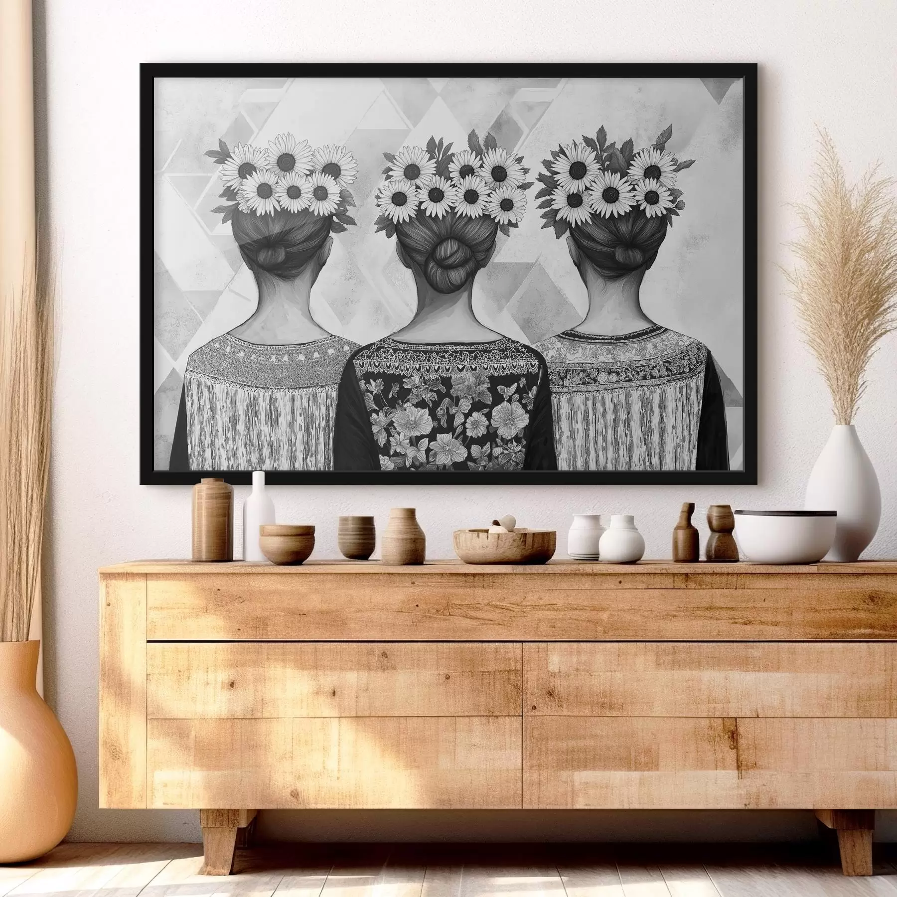 carta da parati Tre donne in abiti etnici, disegno a matita, girasoli nr. f42377