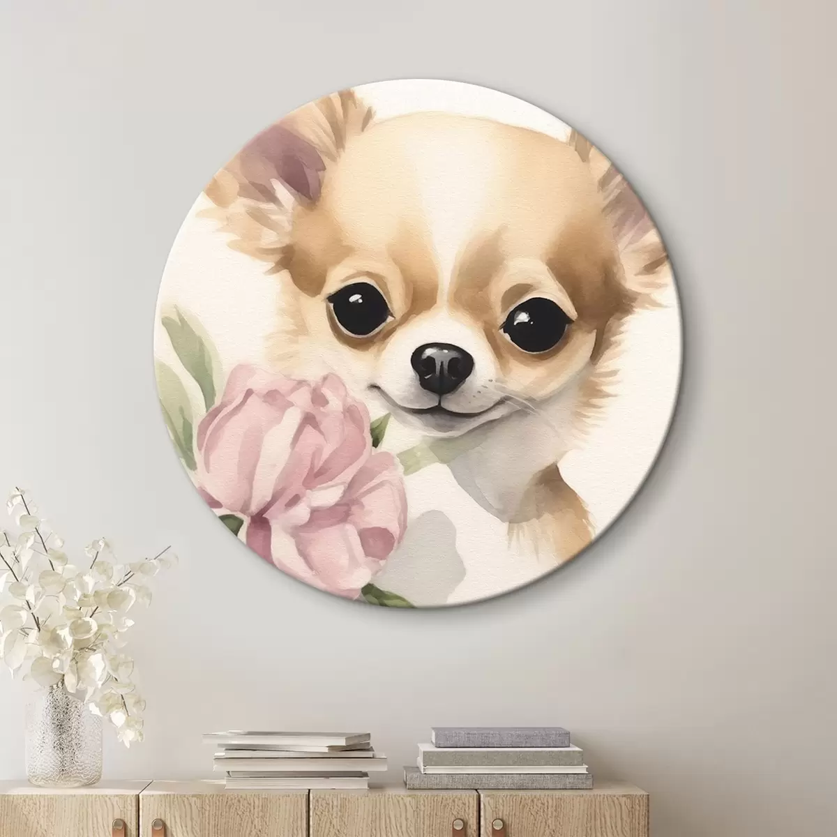 Quadri rotondi Chihuahua e fiore r42341