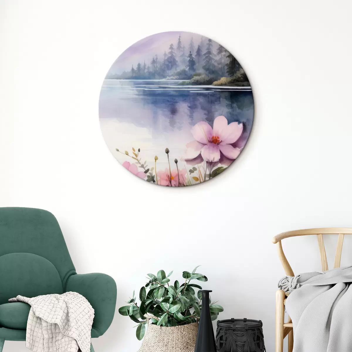 Quadri rotondi Fiori rosa sullo sfondo di un lago in montagna r42393