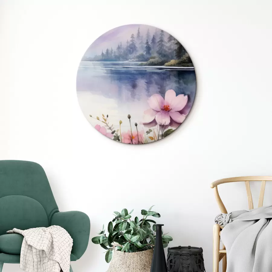 carta da parati Fiori rosa sullo sfondo di un lago in montagna nr. r42393