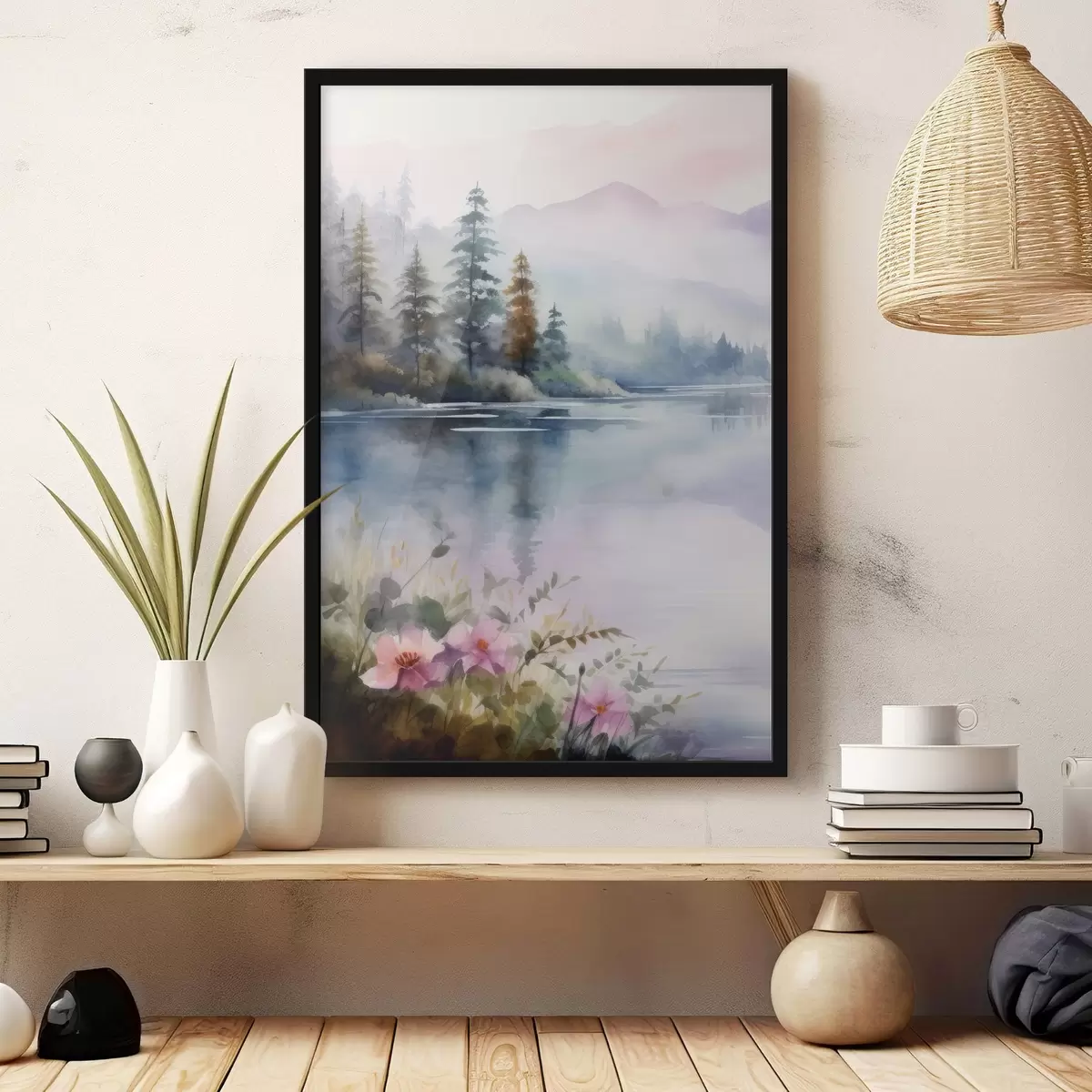 Poster Foresta nella nebbia sullo sfondo di un lago f42384