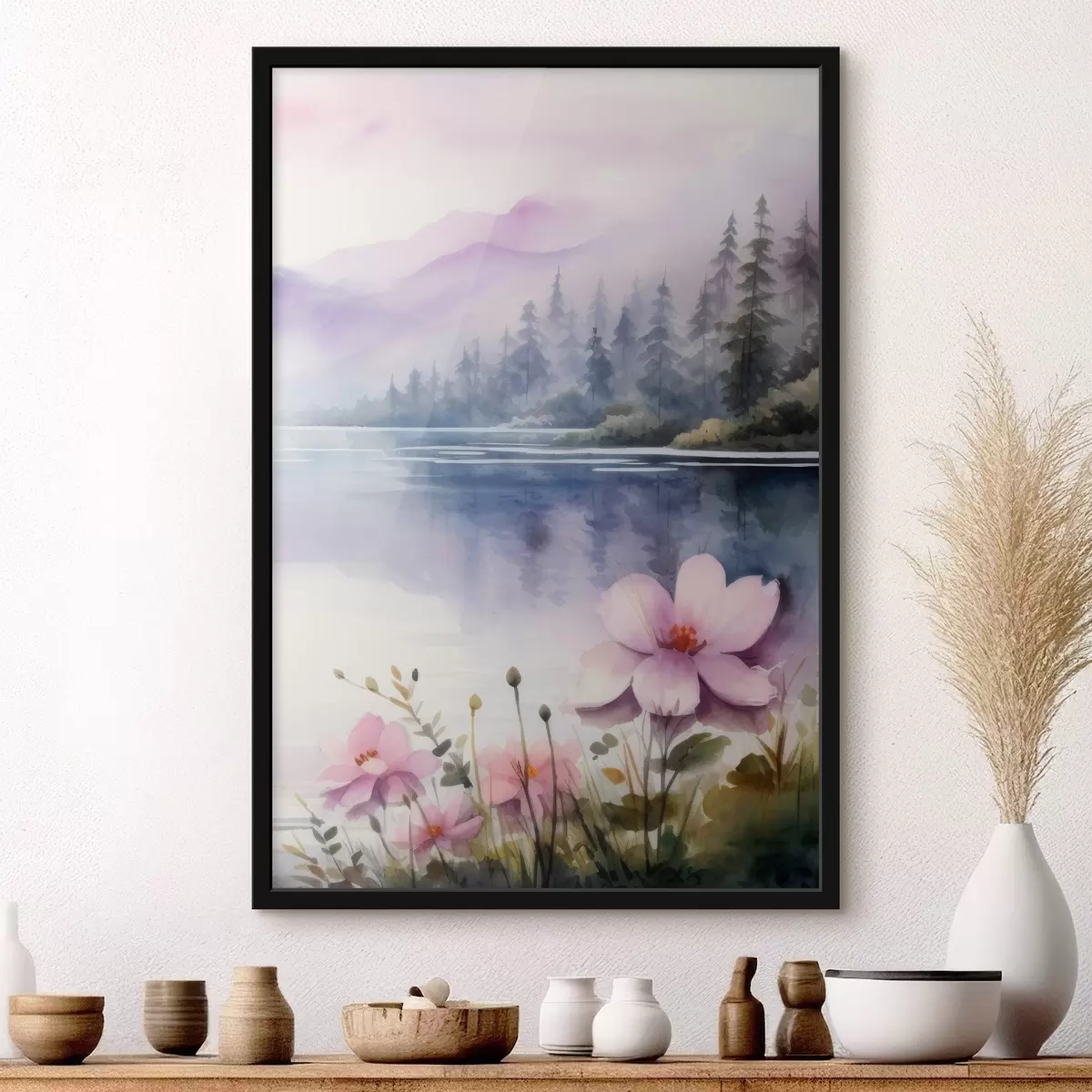 Poster Fiori rosa sullo sfondo di un lago in montagna f42393