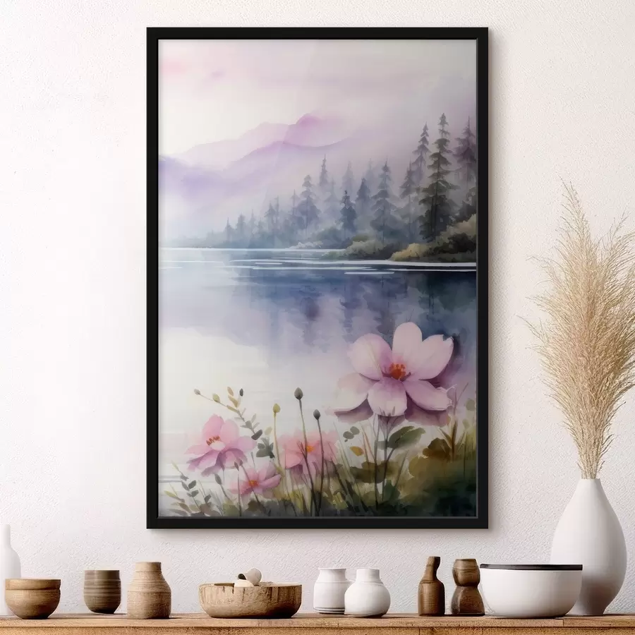 carta da parati Fiori rosa sullo sfondo di un lago in montagna nr. f42393