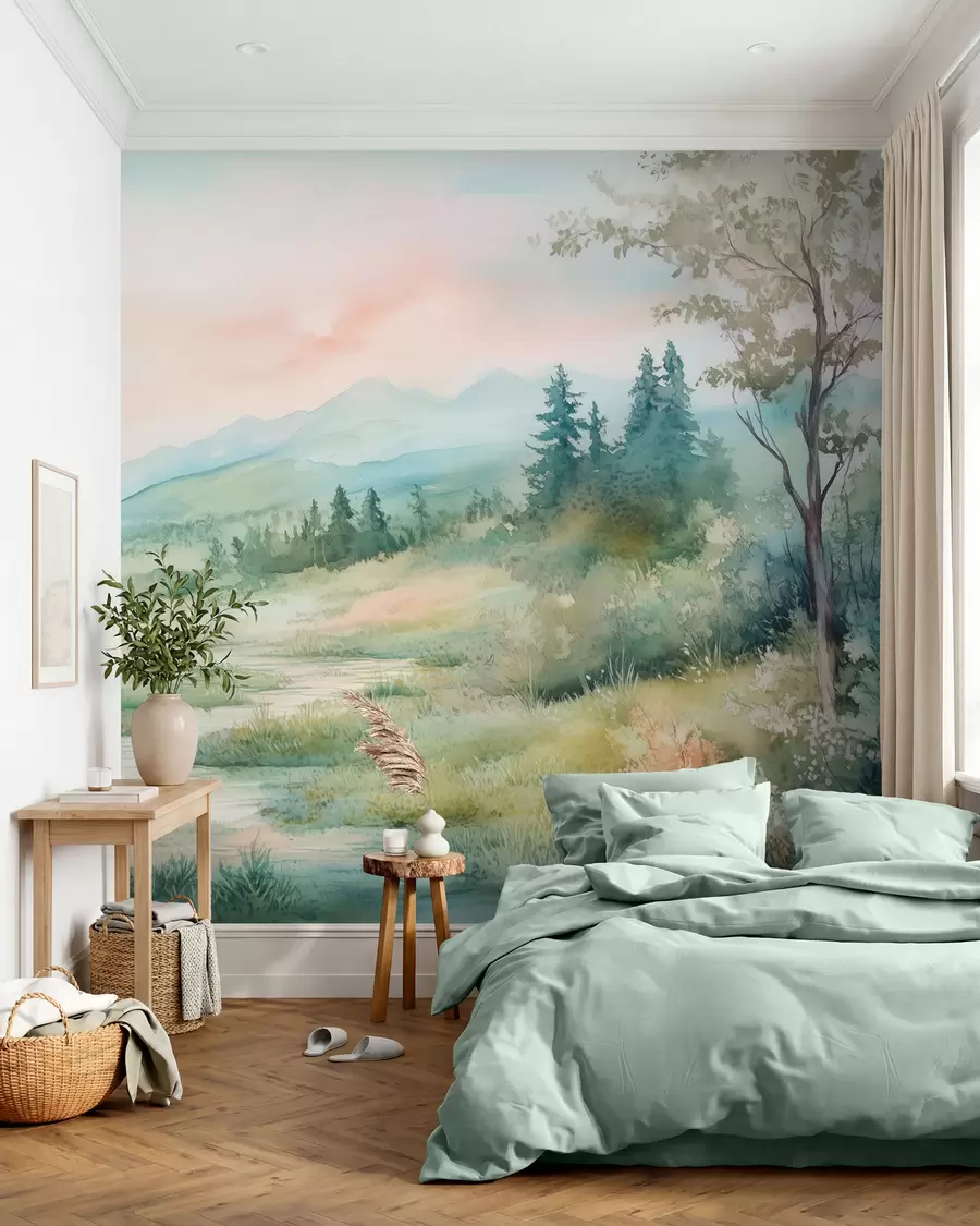 carta da parati paesaggio acquerellato con sentiero e montagne nr. w02764