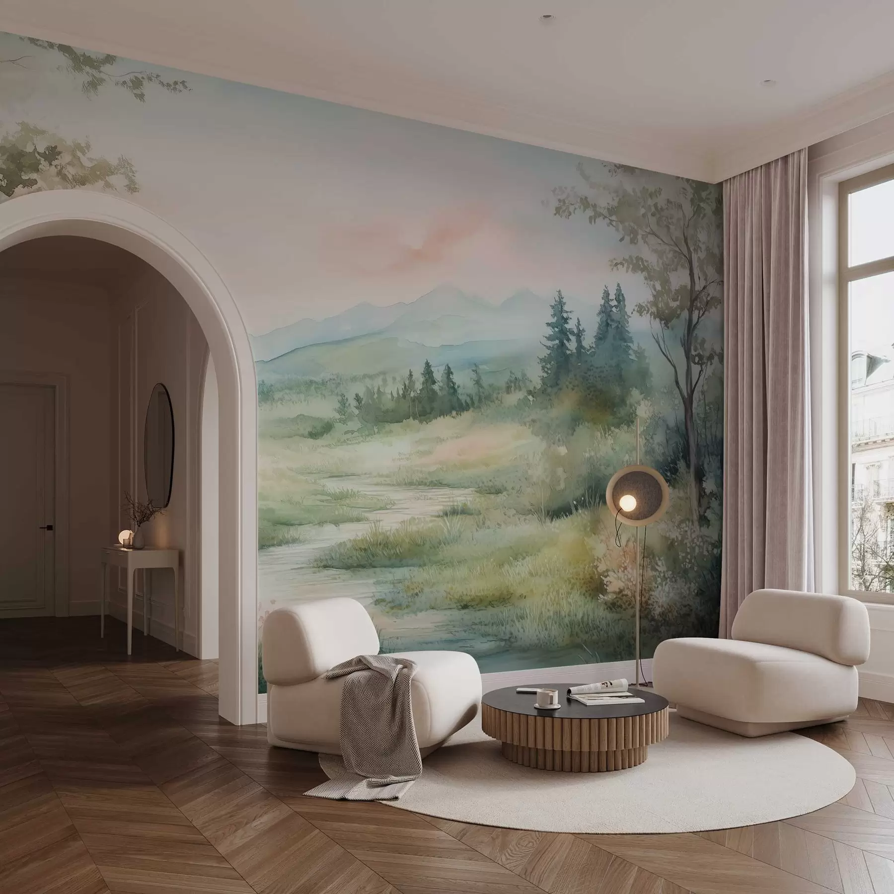 carta da parati paesaggio acquerellato con sentiero e montagne nr. w02764