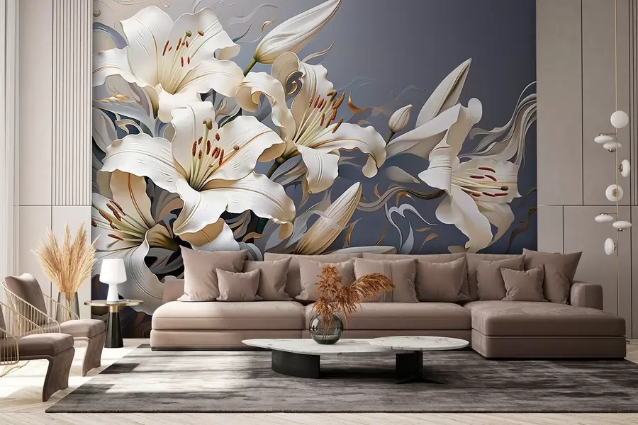 Carta da parati Floreale Sofisticati gigli bianchi su sfondo grigio-blu n. w08633