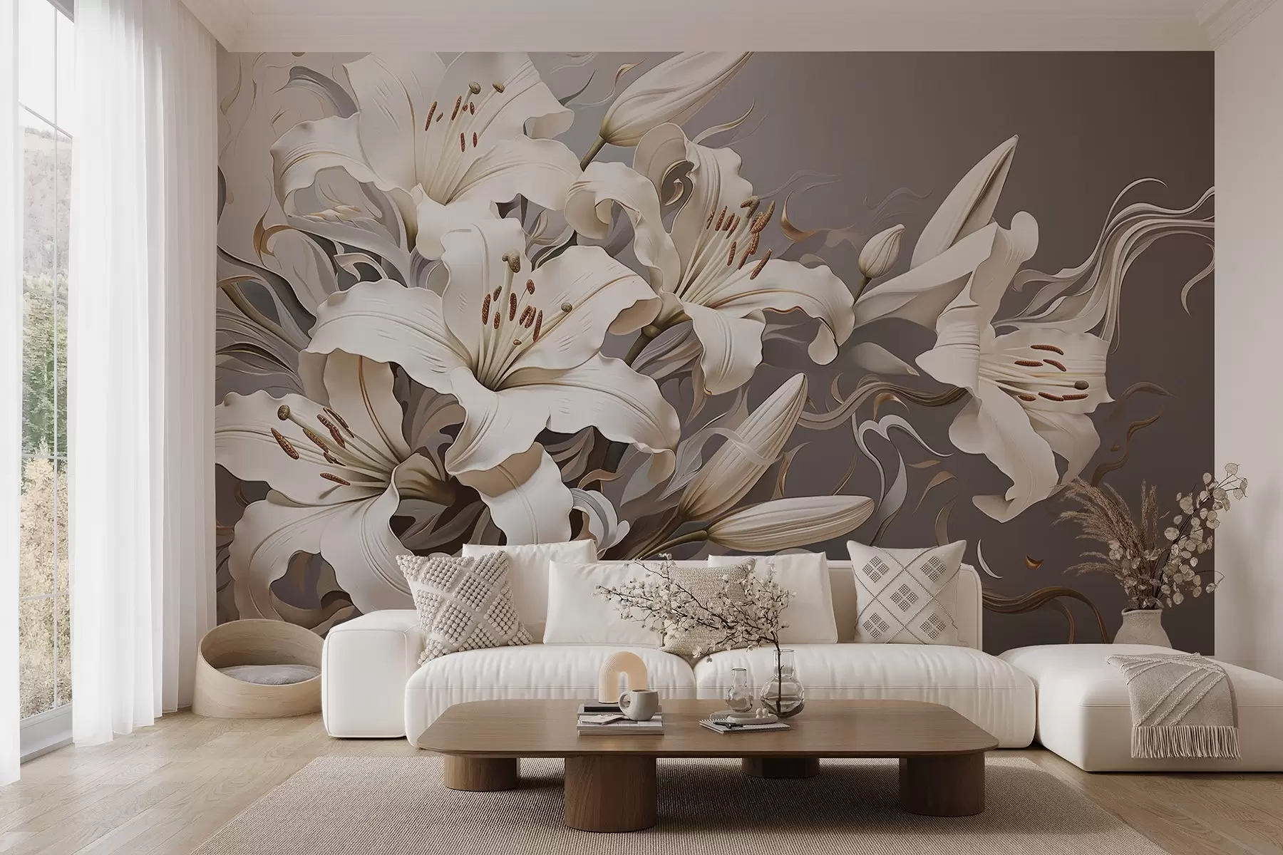 Carta da parati Floreale Sofisticati gigli bianchi in tonalità pastello n. w08633v1