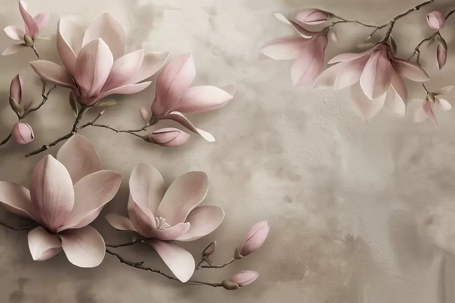 Carta da parati Floreale Delicate magnolie rosa su un muro di cemento in tonalità seppia n. w08636v2