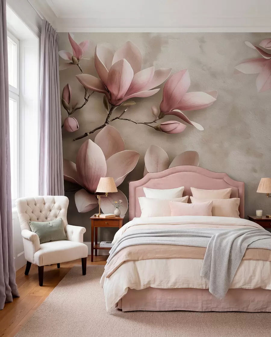 Carta da parati Floreale Magnolia su fondo tortora n. w08636v2
