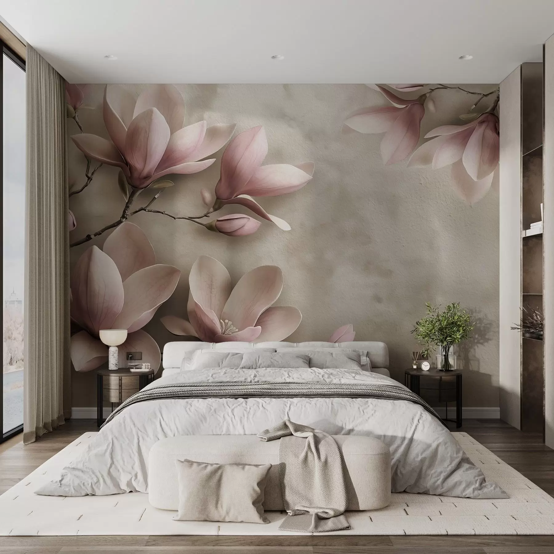 Carta da parati Floreale Delicate magnolie rosa su un muro di cemento in tonalità seppia n. w08636v2