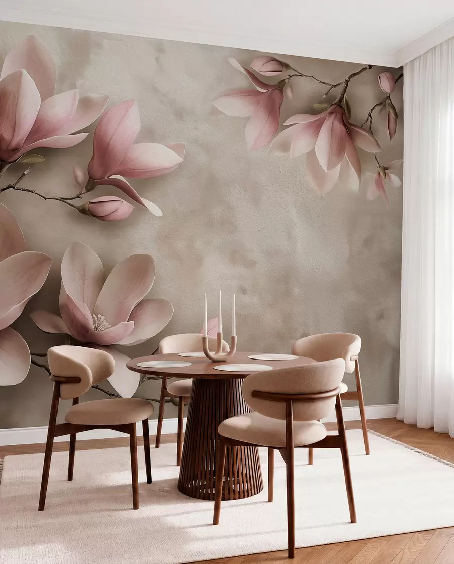 Carta da parati Floreale Delicate magnolie rosa su un muro di cemento in tonalità seppia n. w08636v2