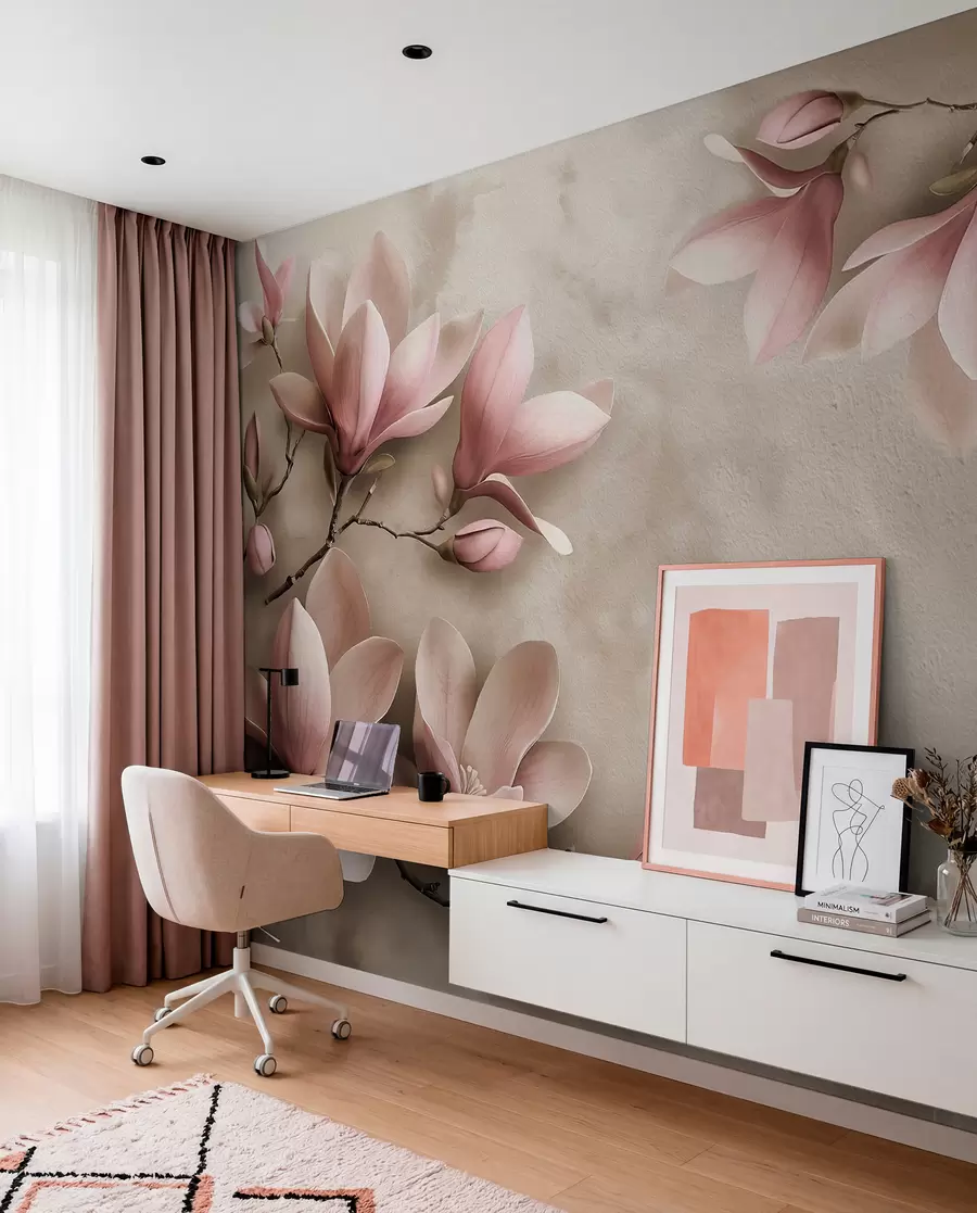 Carta da parati Floreale Delicate magnolie rosa su un muro di cemento in tonalità seppia n. w08636v2