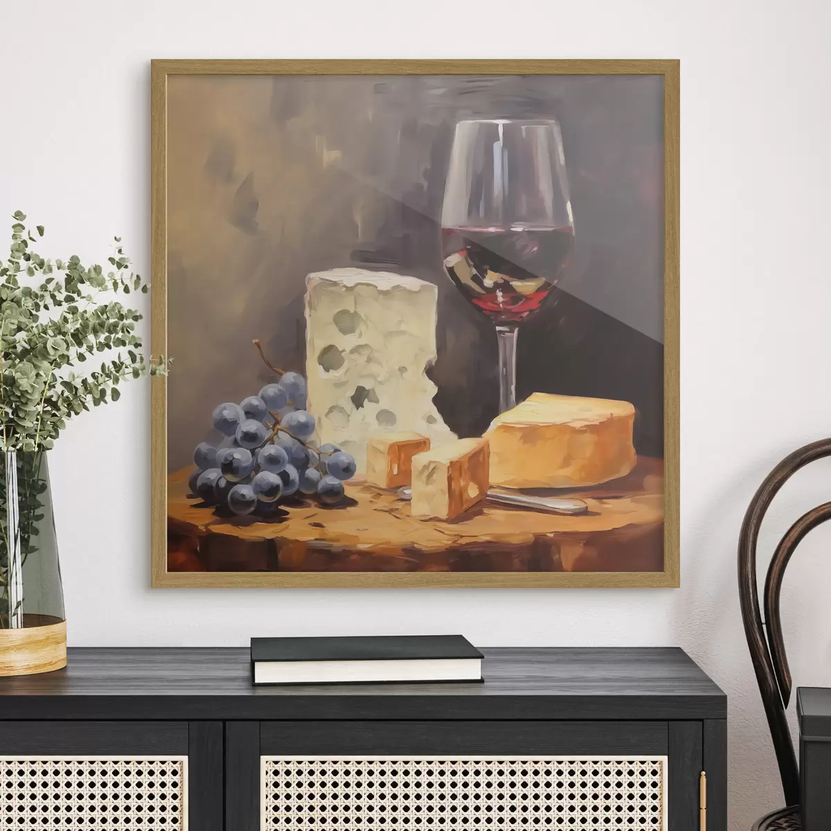 Poster Bicchiere di vino rosso e imitazione di formaggi f42415