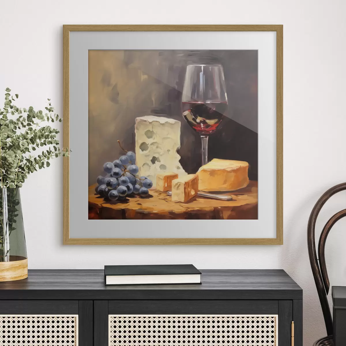 Poster Bicchiere di vino rosso e imitazione di formaggi f42415