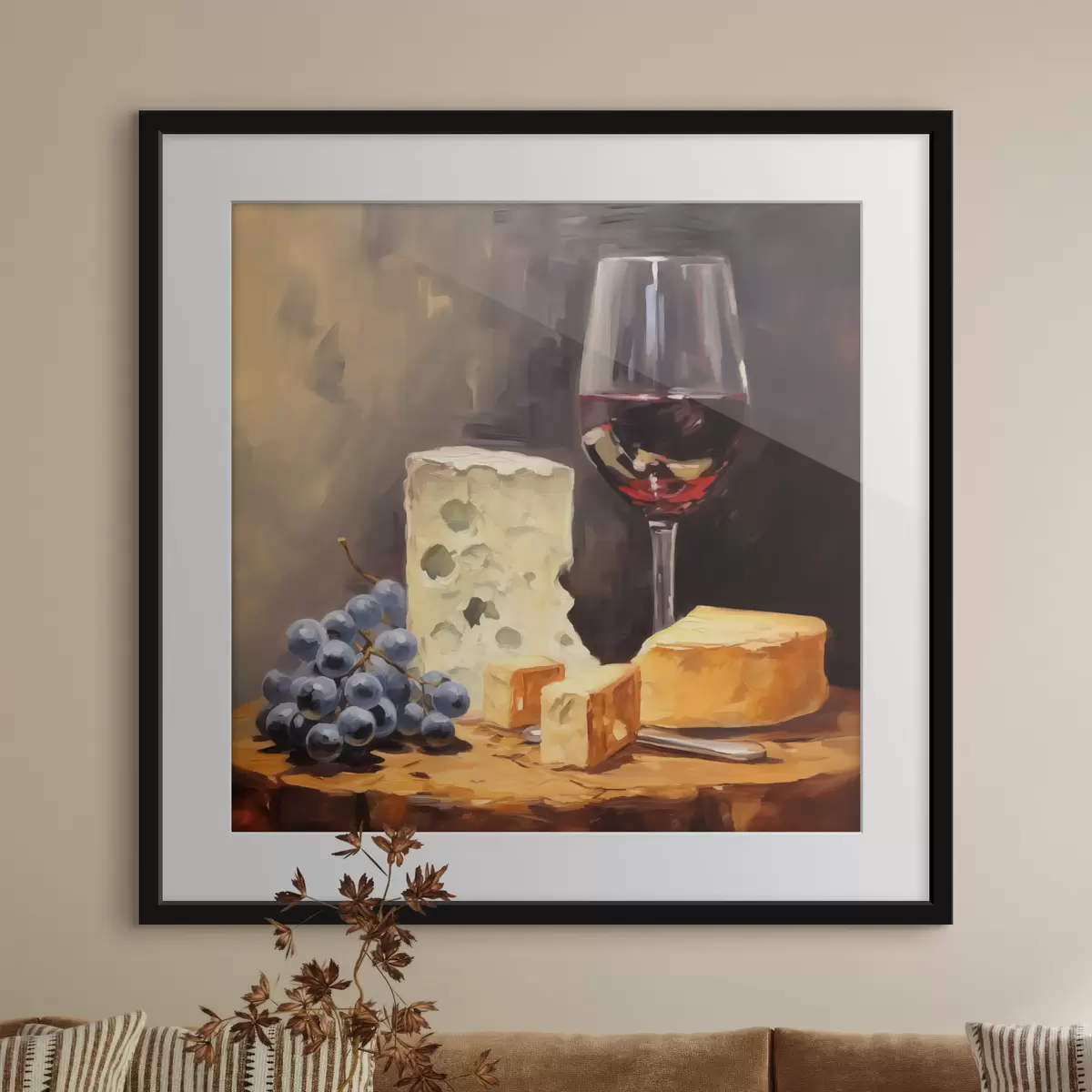 Poster Bicchiere di vino rosso e imitazione di formaggi f42415