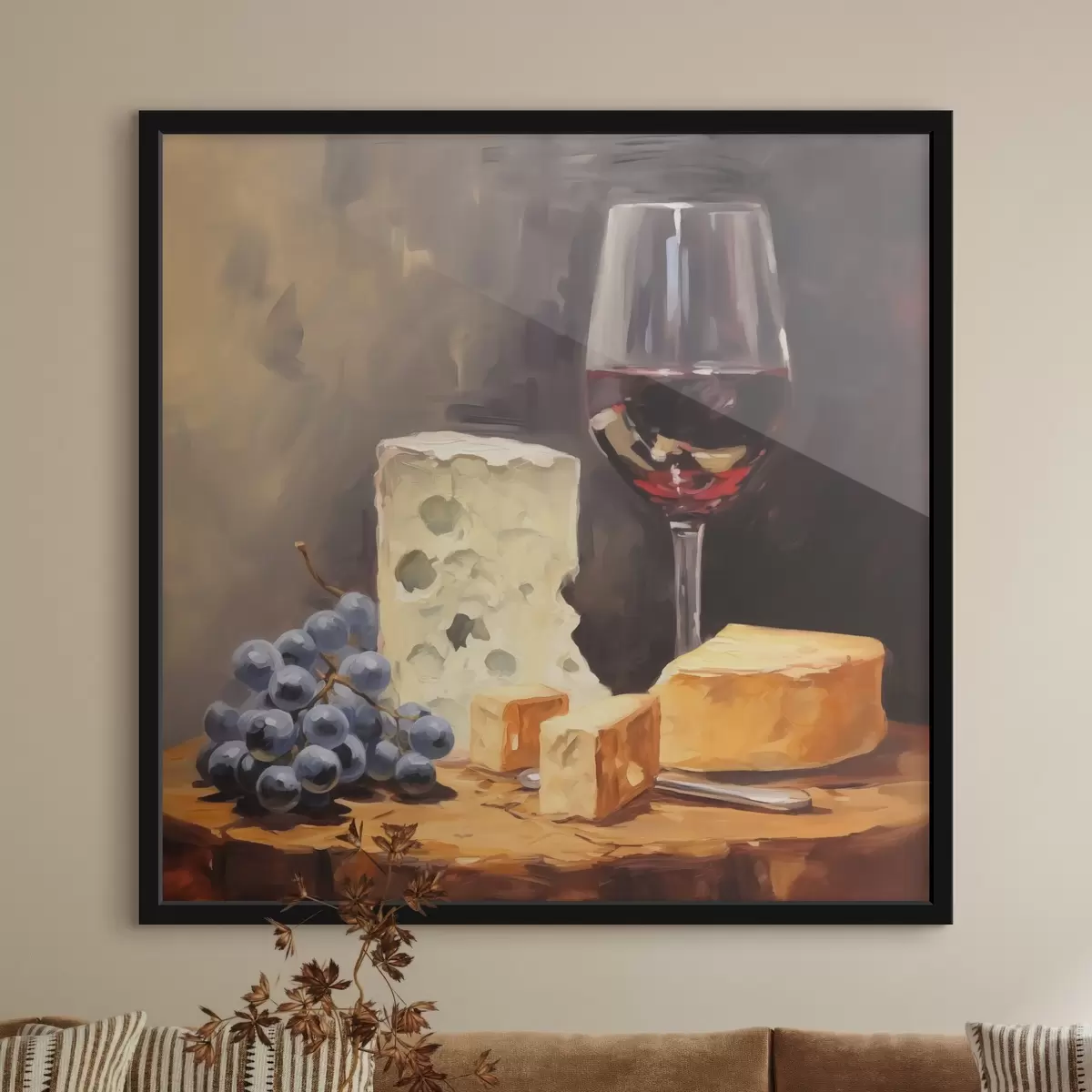 Poster Bicchiere di vino rosso e imitazione di formaggi f42415