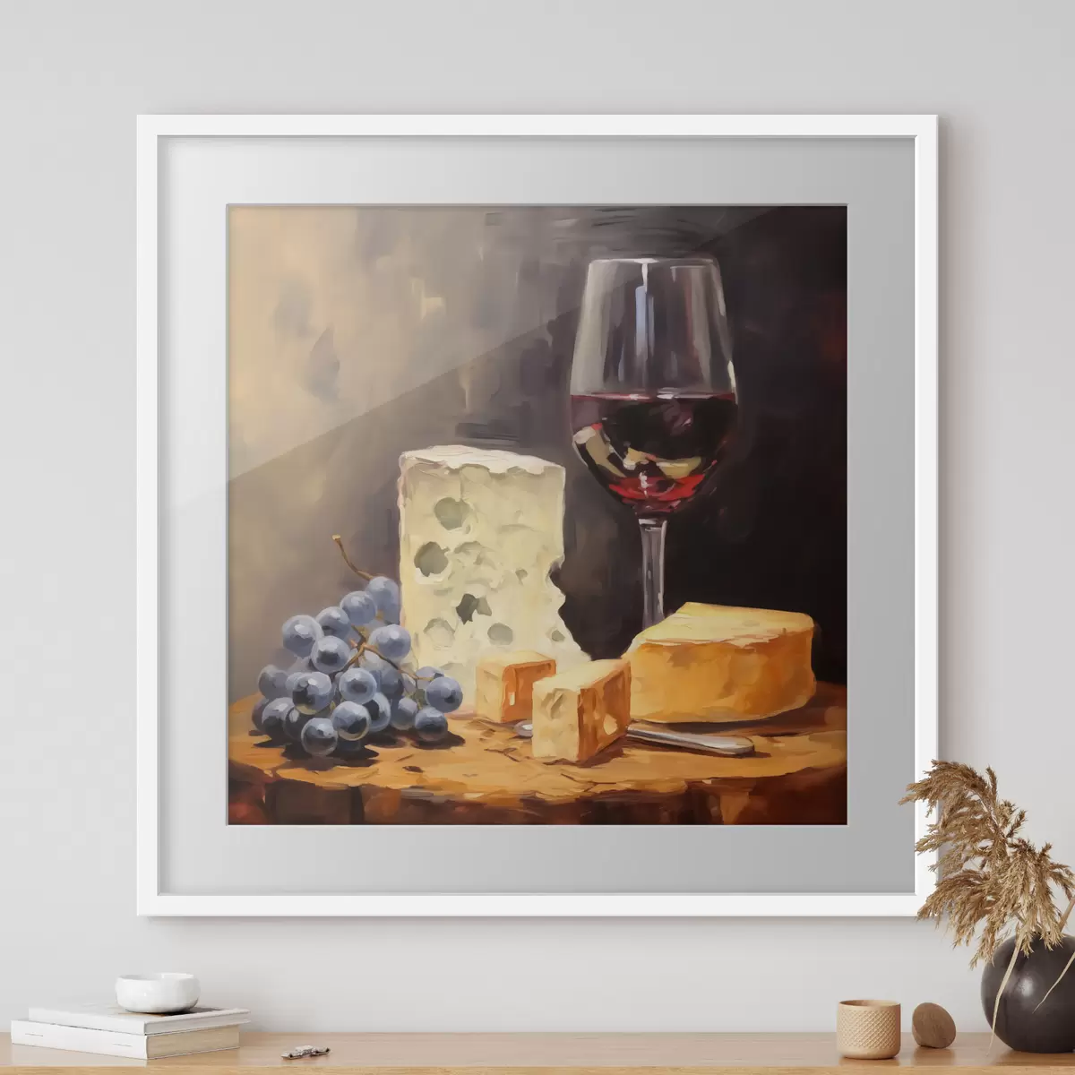 Poster Bicchiere di vino rosso e imitazione di formaggi f42415