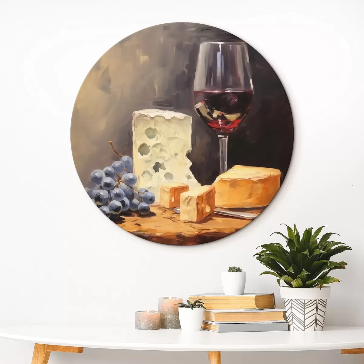 Quadri rotondi Bicchiere di vino rosso e imitazione di formaggi r42415
