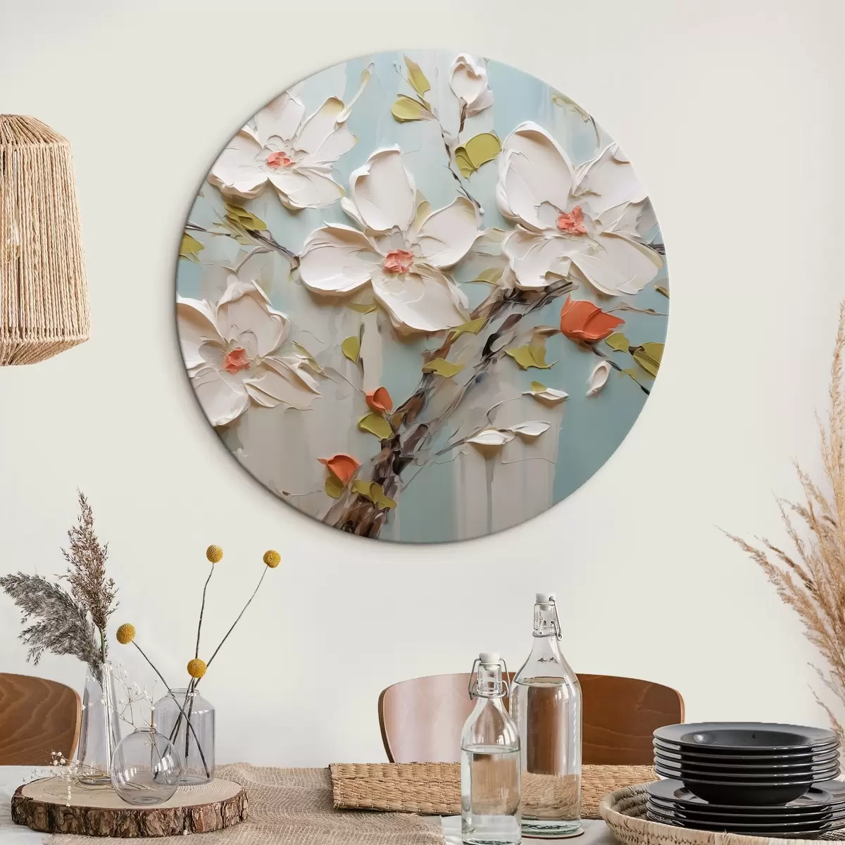 Quadri rotondi Fiori bianchi imitazione di pennellate di vernice r42417