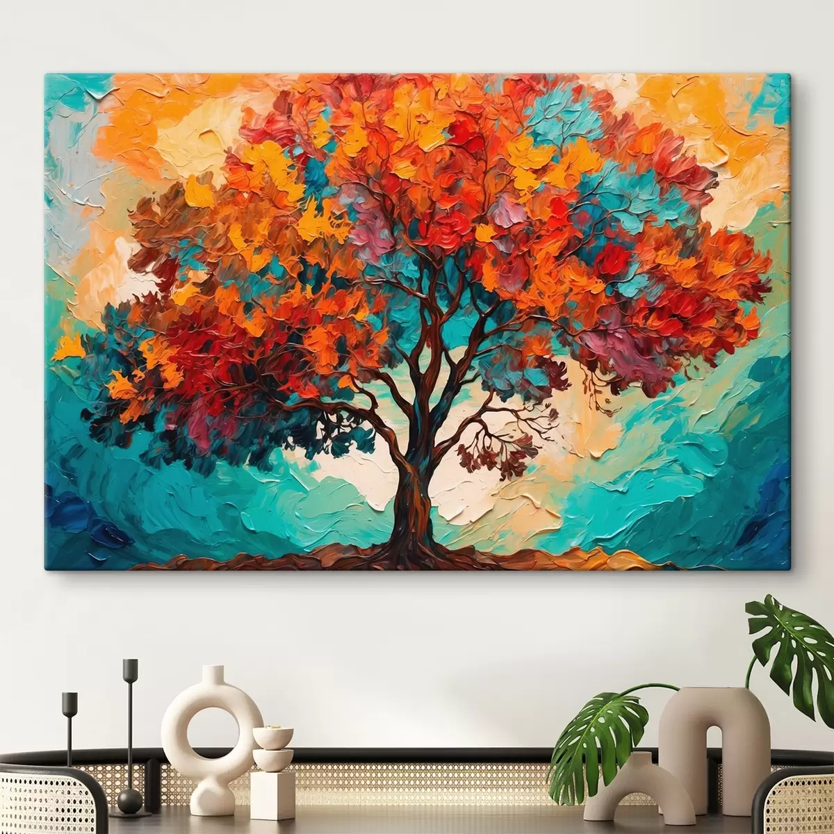 carta da parati Albero su sfondo arancio-blu in stile pittura ad olio nr. s42267