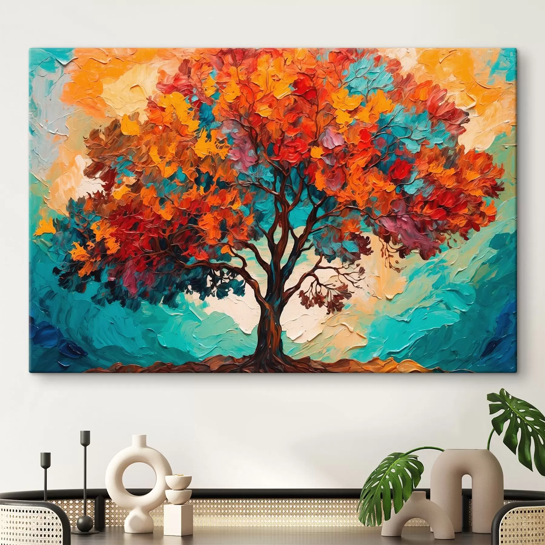 carta da parati Albero su sfondo arancio-blu in stile pittura ad olio nr. s42267