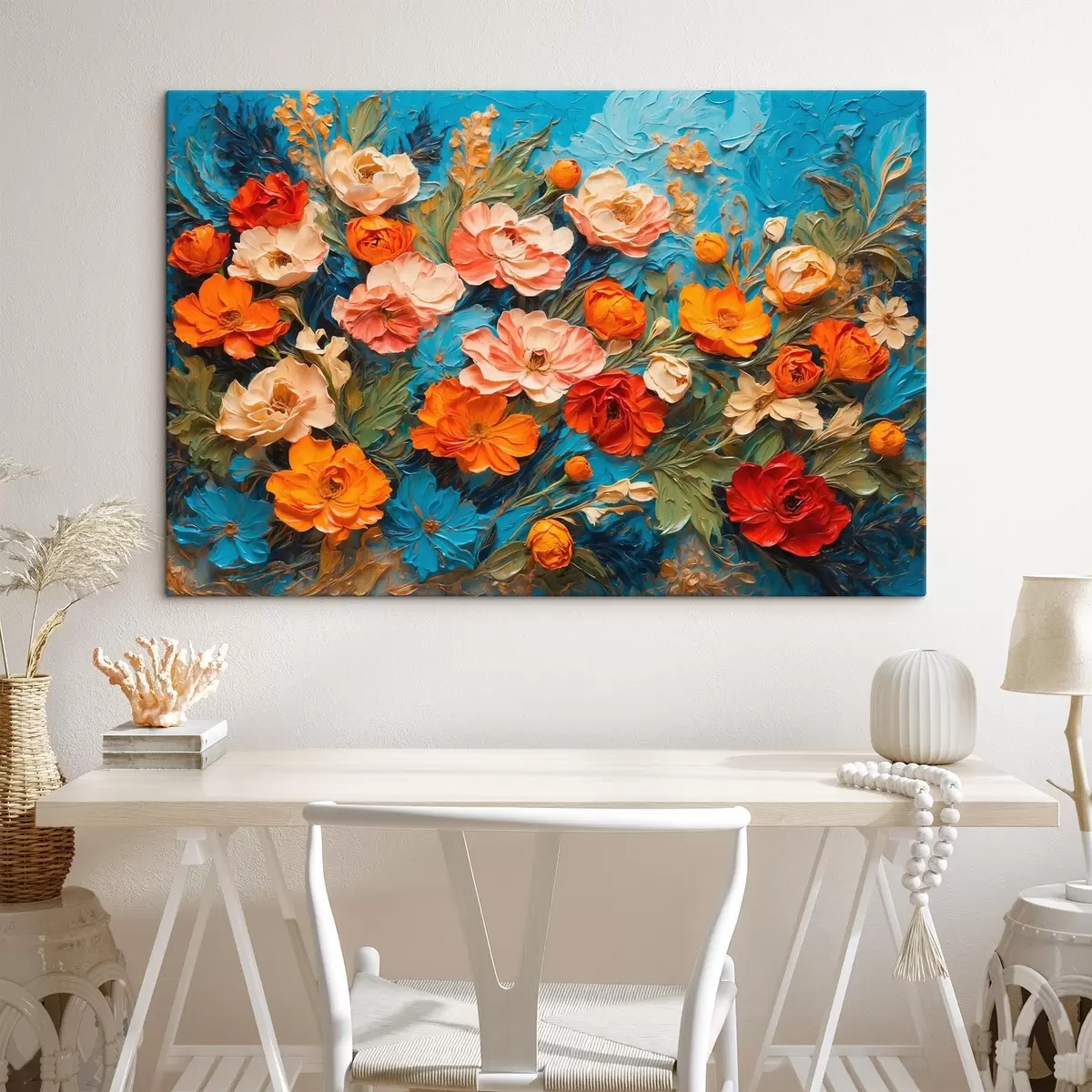 carta da parati Vari fiori su sfondo blu astratto in stile pittura ad olio nr. s42269