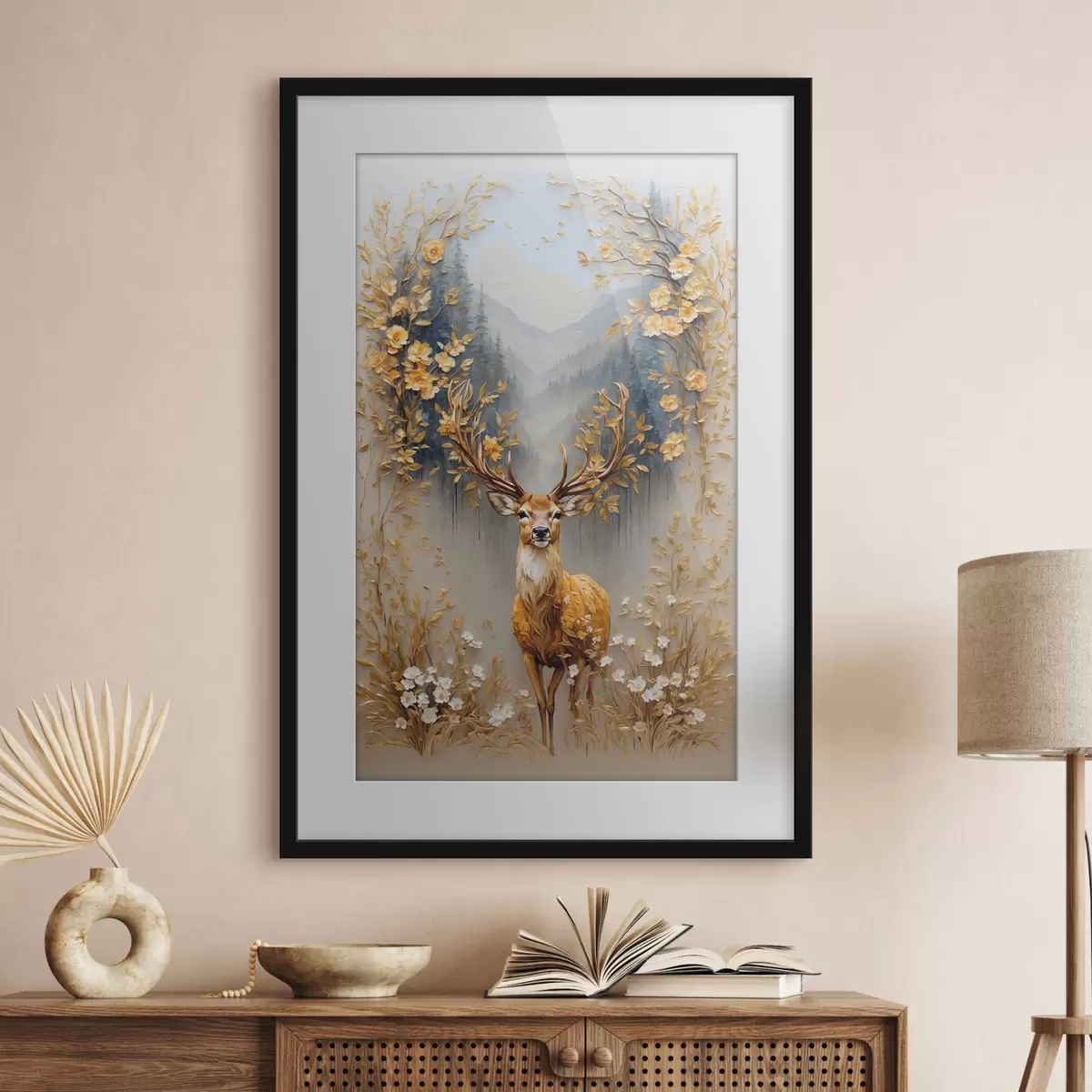 Poster Cervo con grandi corna su sfondo forestale f42252