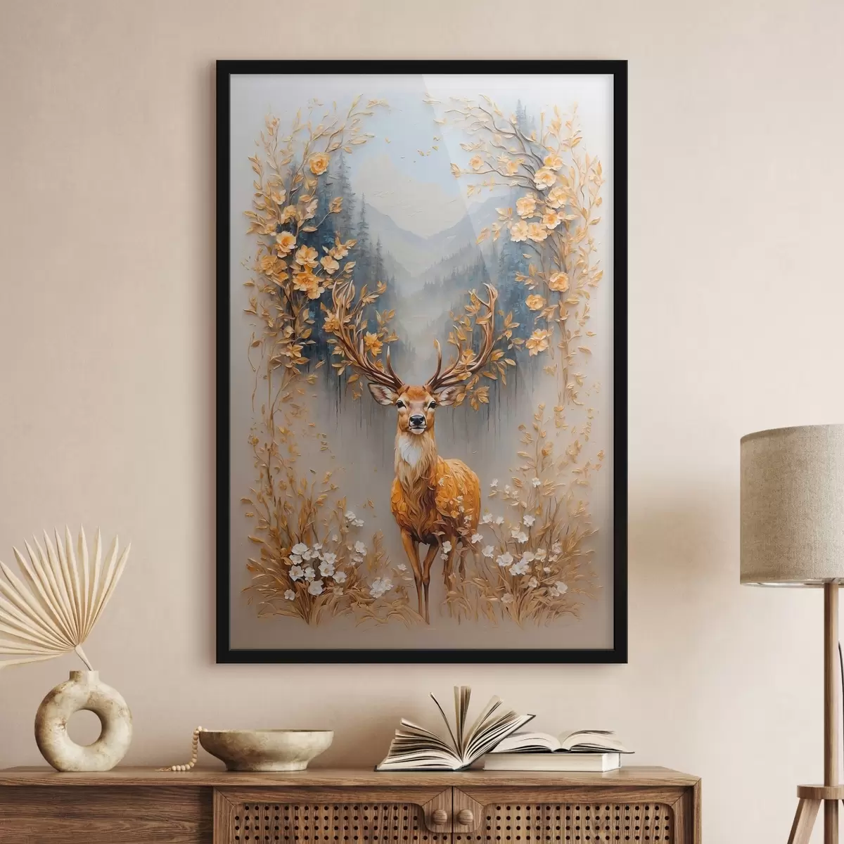 Poster Cervo con grandi corna su sfondo forestale f42252