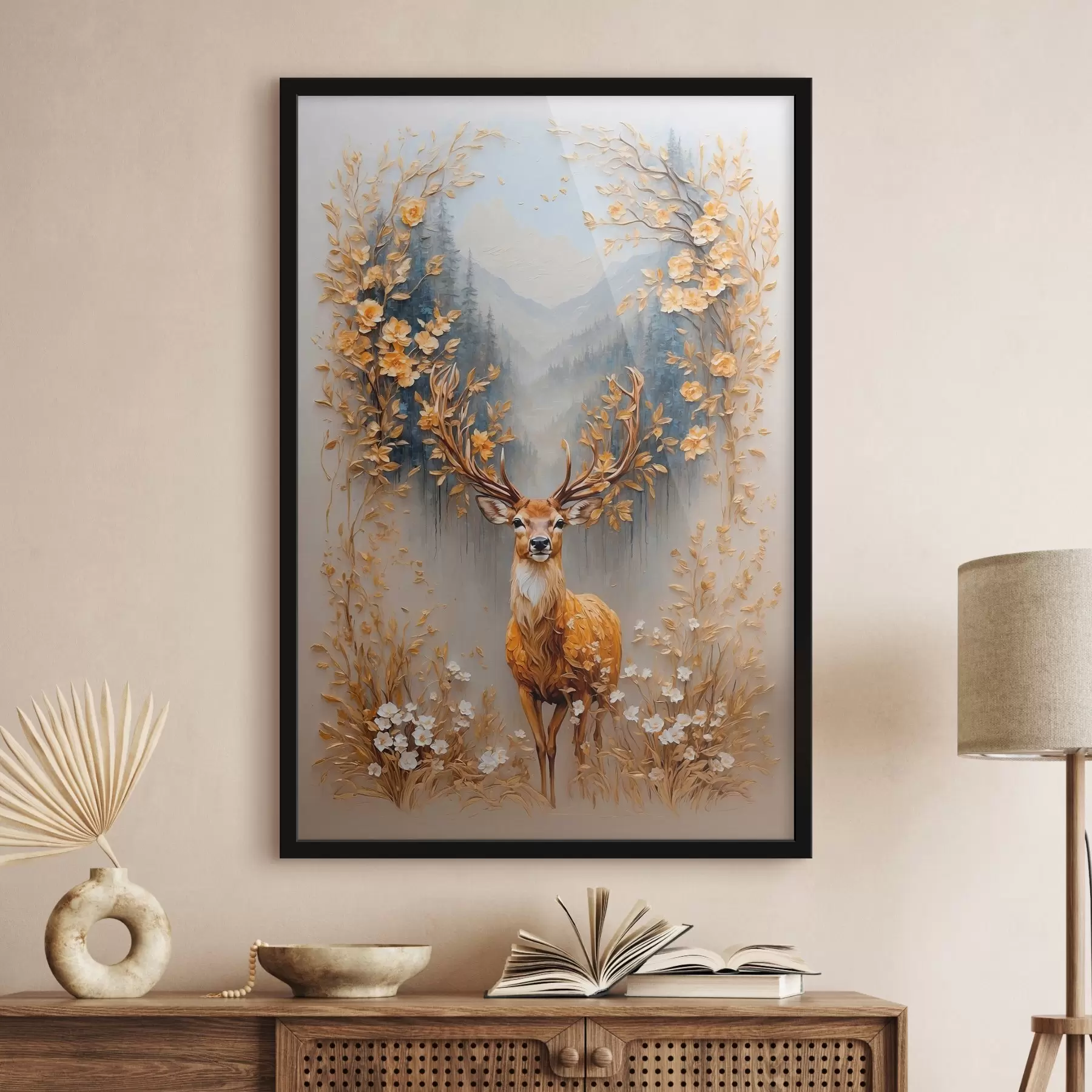 carta da parati Cervo con grandi corna su sfondo forestale nr. f42252