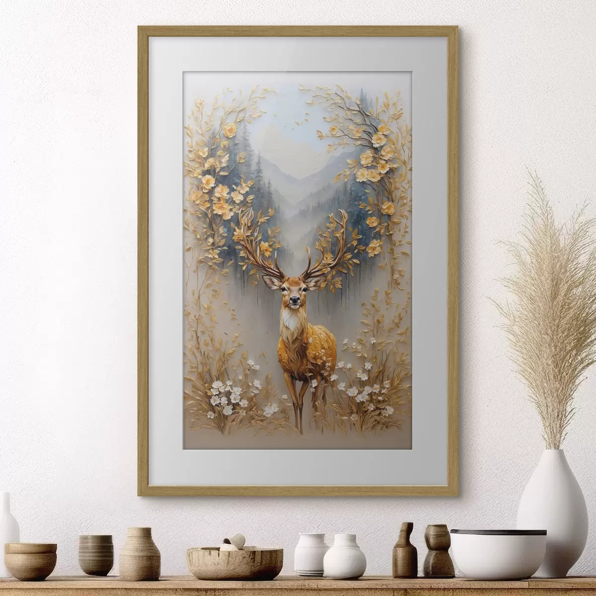 Poster Cervo con grandi corna su sfondo forestale f42252