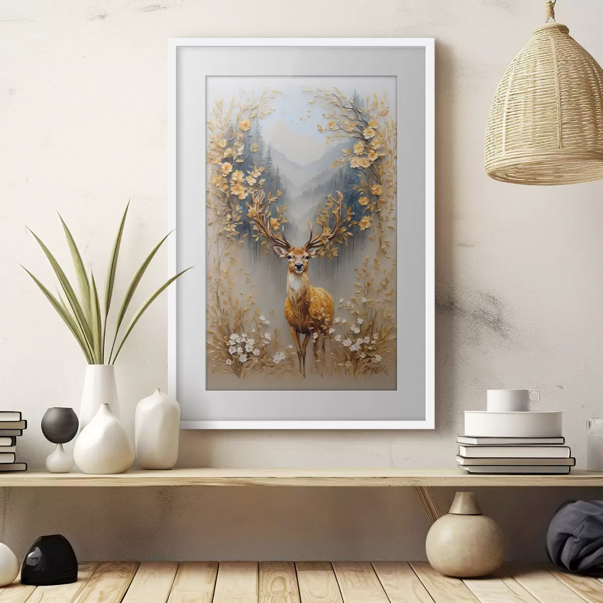Poster Cervo con grandi corna su sfondo forestale f42252