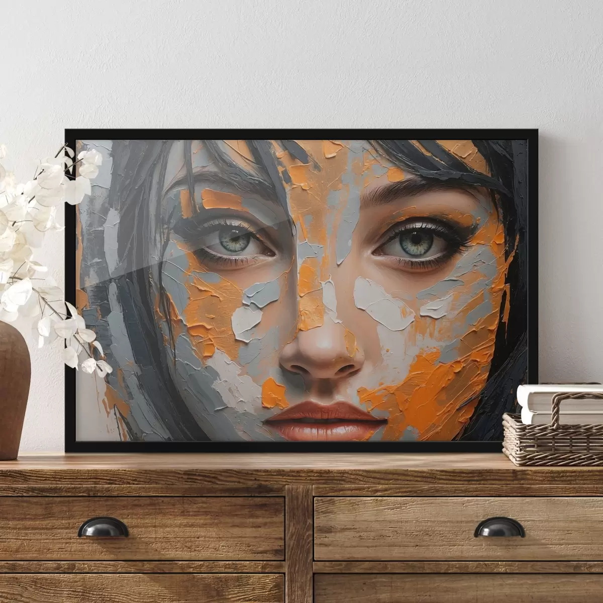 Poster Volto di ragazza con vernice bianca e gialla f42259