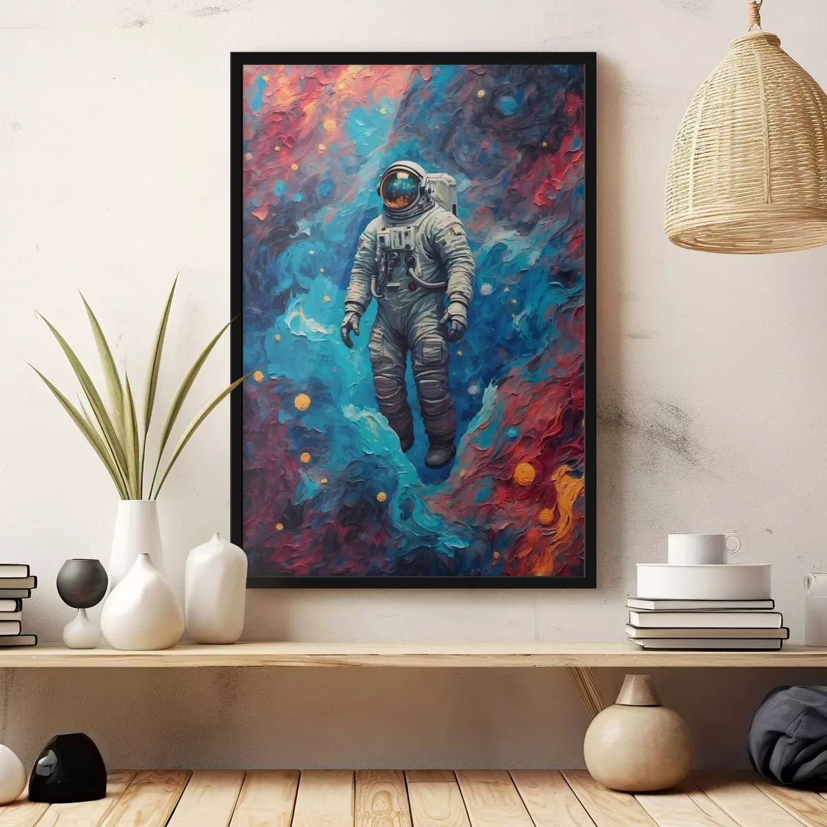 Poster Astronauta su sfondo spaziale astratto in stile pittura ad olio f42265
