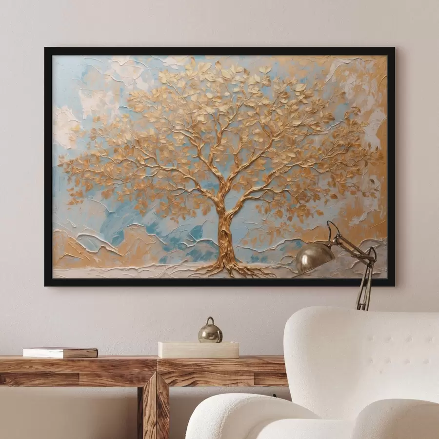 carta da parati Albero giallo su sfondo bianco-blu nr. f42266