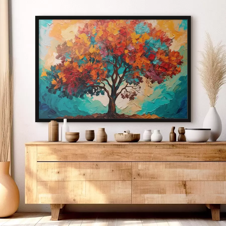carta da parati Albero su sfondo arancio-blu in stile pittura ad olio nr. f42267