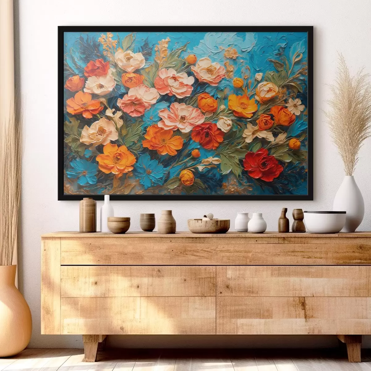 Poster Vari fiori su sfondo blu astratto in stile pittura ad olio f42269