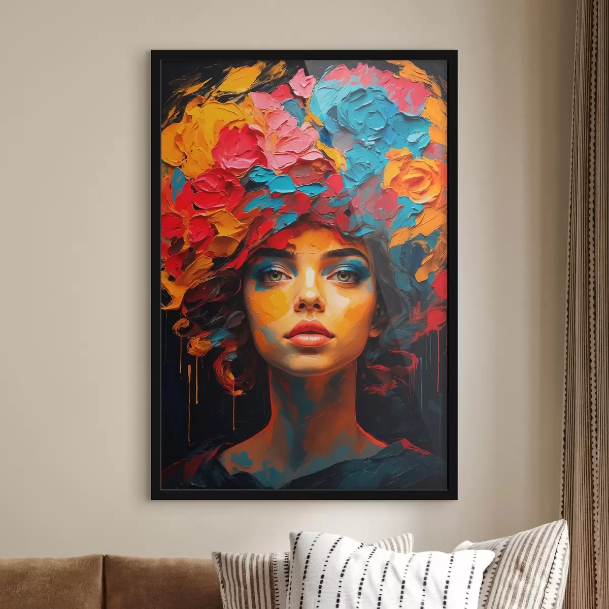 Poster Ragazza con fiori sulla testa in stile pittura ad olio f42271