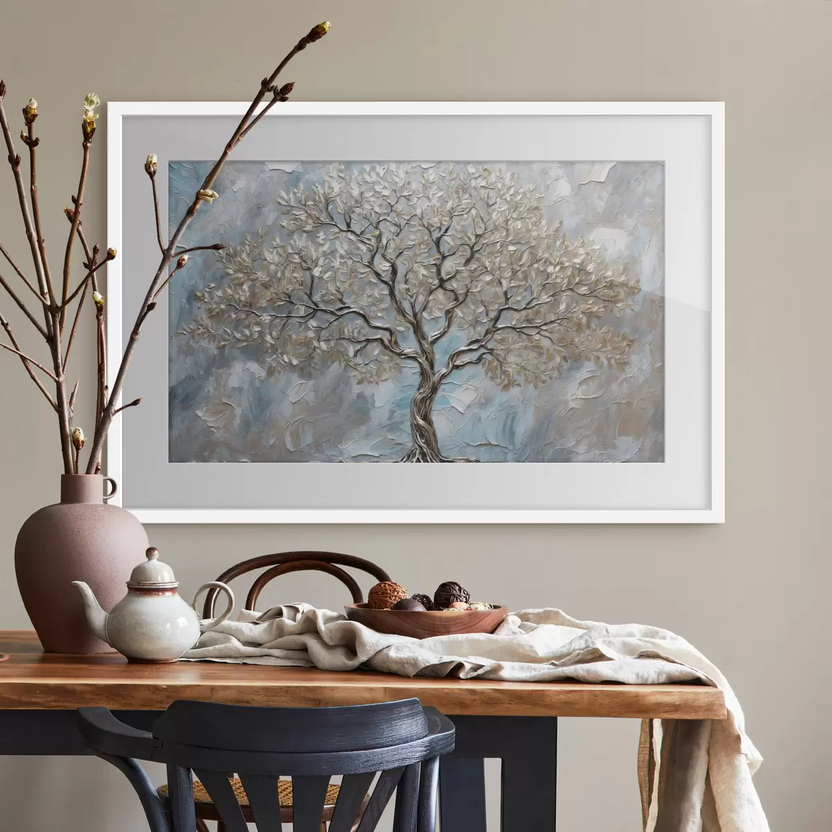 Poster Albero d'argento su sfondo grigio-blu f42273
