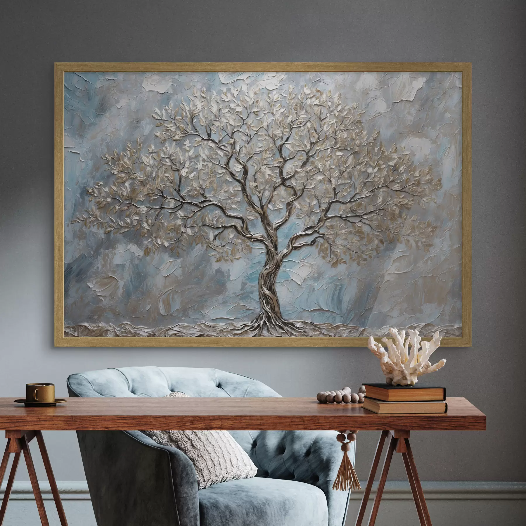 carta da parati Albero d'argento su sfondo grigio-blu nr. f42273