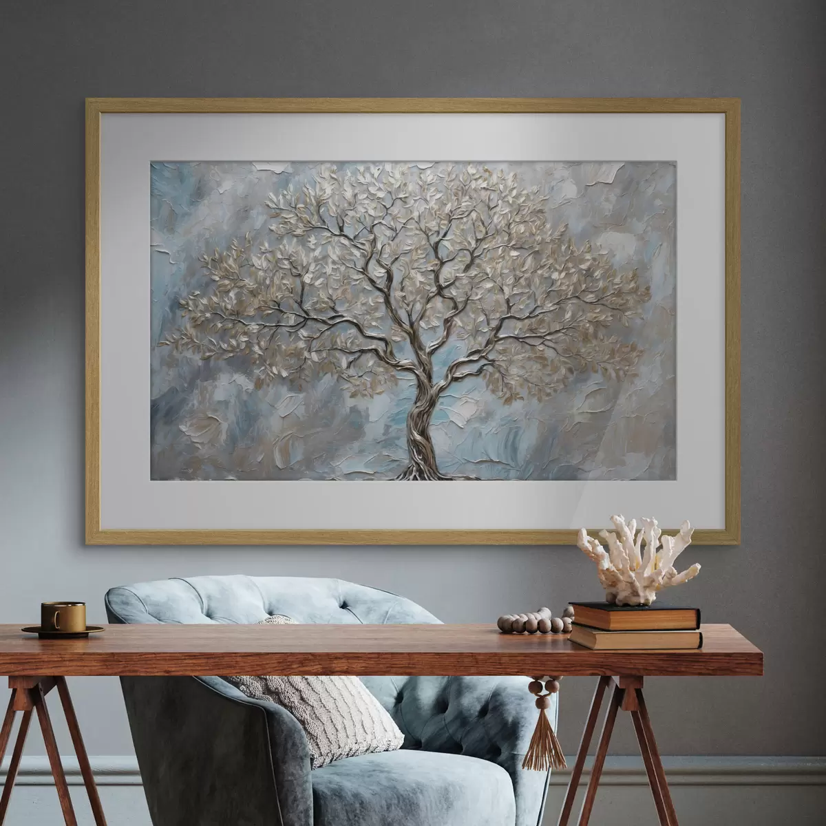 Poster Albero d'argento su sfondo grigio-blu f42273