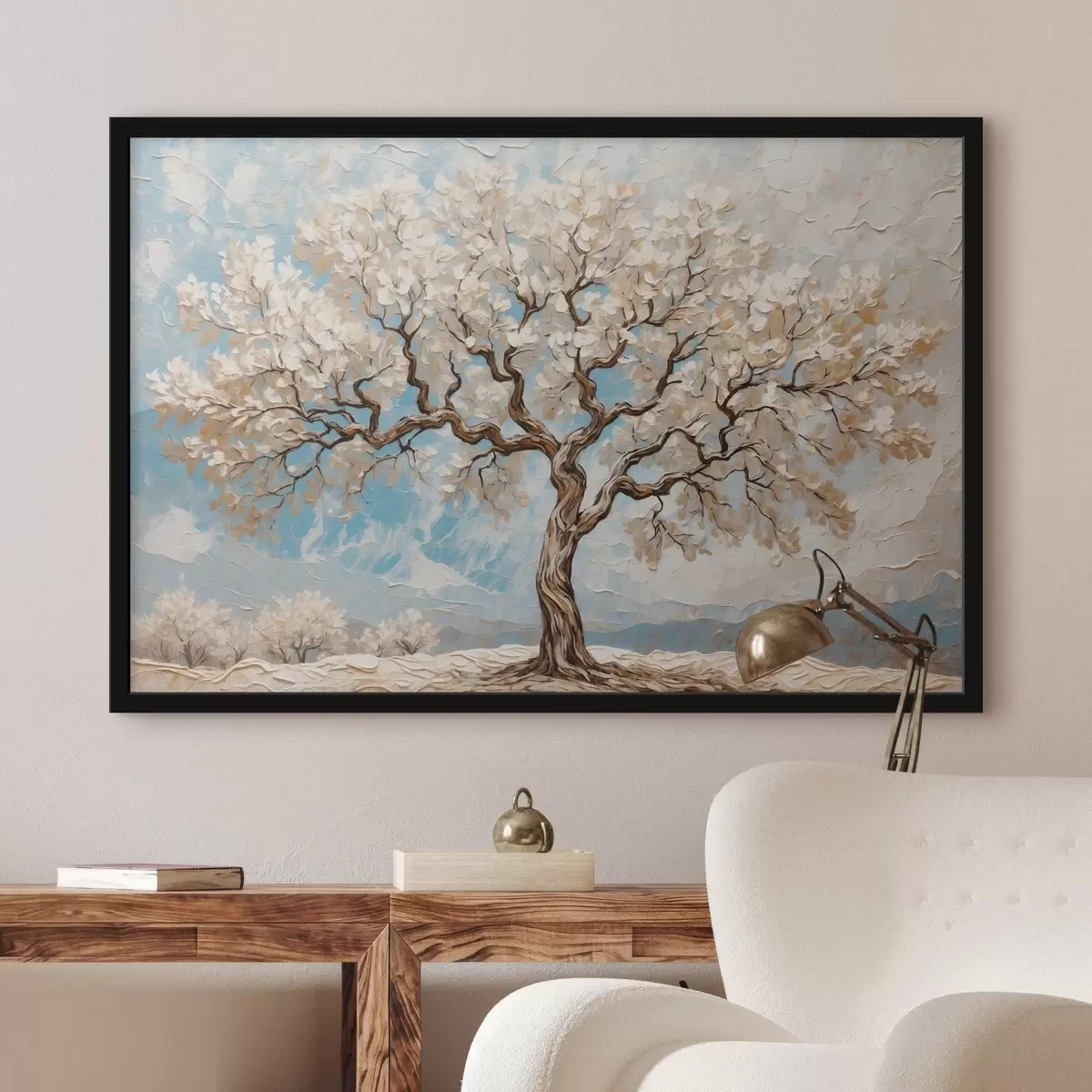 Poster Albero bianco su sfondo bianco-blu f42275