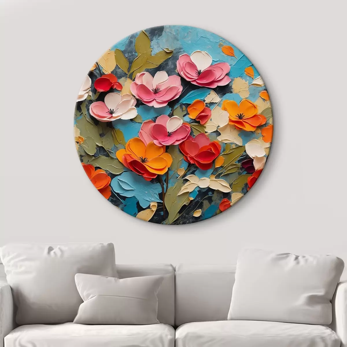 Quadri rotondi Fiori e foglie su sfondo blu r42255