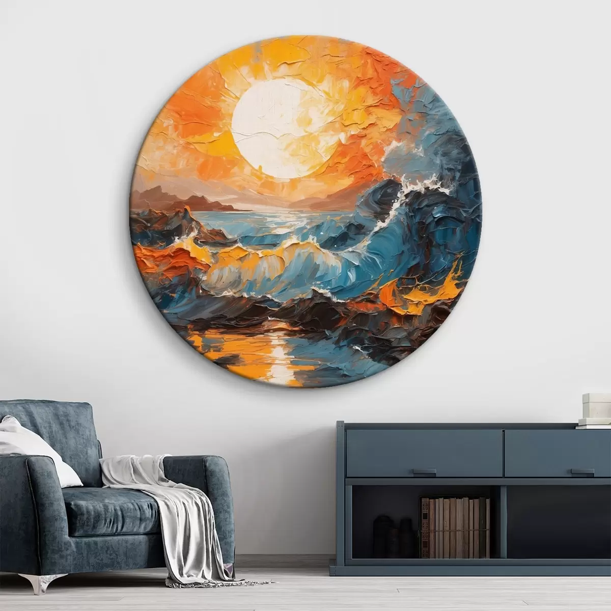 Quadri rotondi Mare in tempesta e sole in stile pittura ad olio r42257
