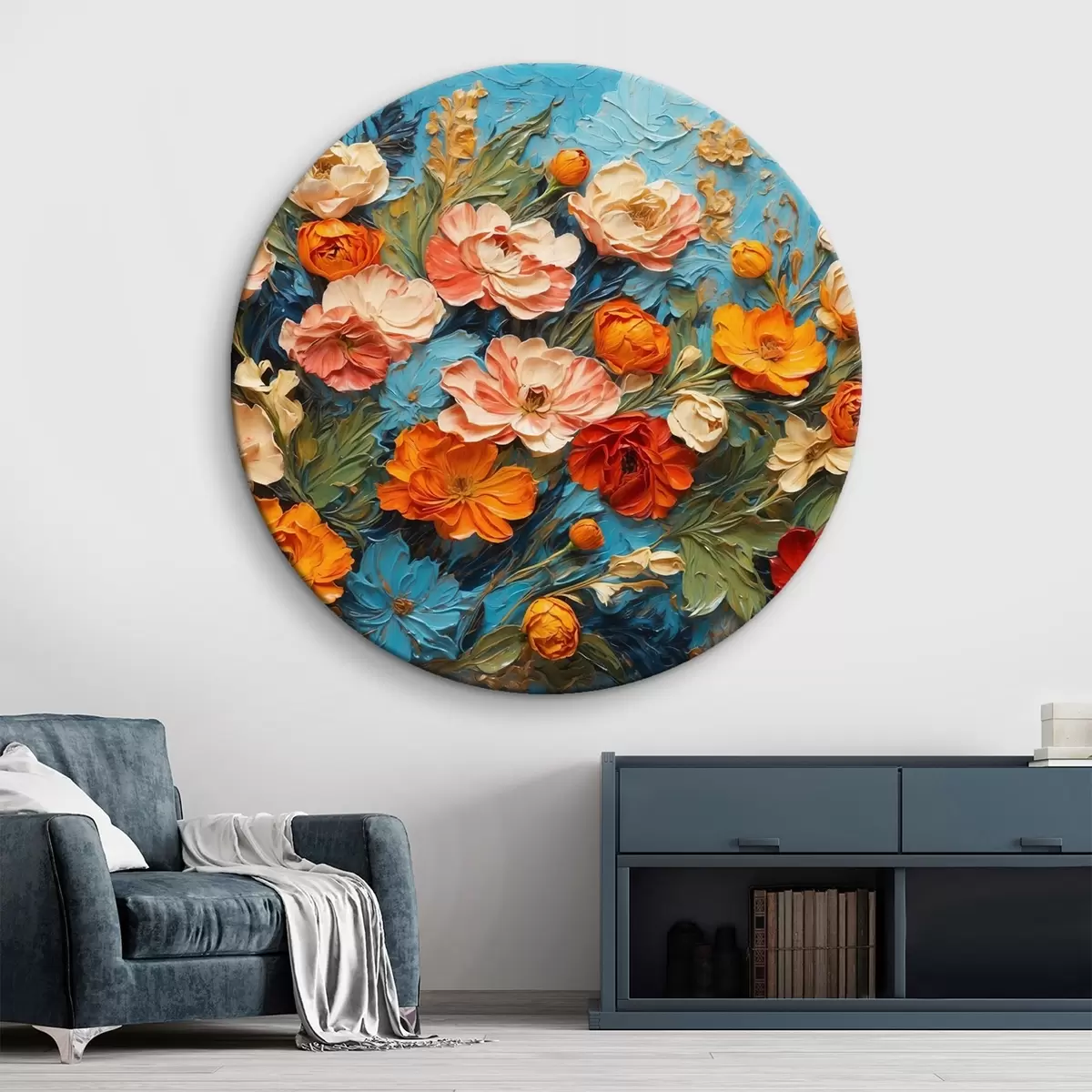 Quadri rotondi Vari fiori su sfondo blu astratto in stile pittura ad olio r42269