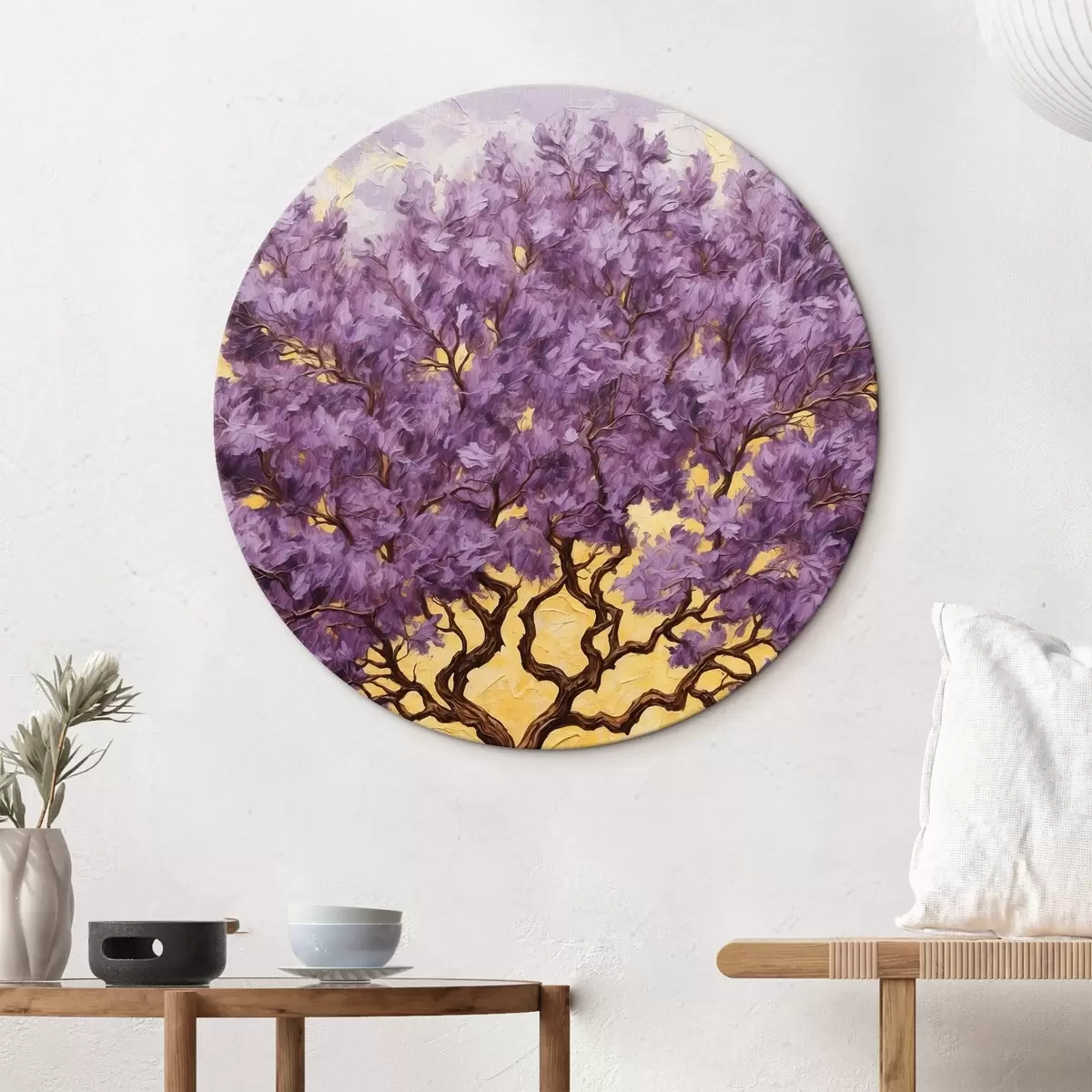 Quadri rotondi Albero viola su sfondo giallo-filotico r42272